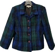 Vintage Anne Bowen USA Made Fuzzy Mohair Blue Watch Plaid Blazer Jacket Size 10