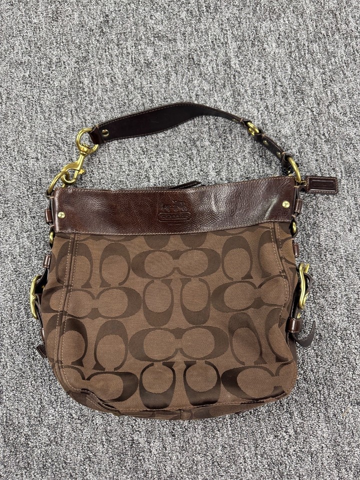 Coach Zoe Hobo Bag Brown Canvas Monogram Leather Straps Purse Shoulder Bag