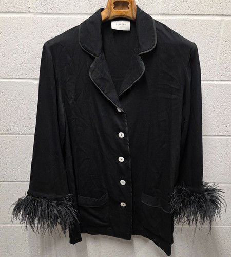 Sleeper Party Pajama Set Top With Ostrich Feather Pants Womens XL Black Viscose