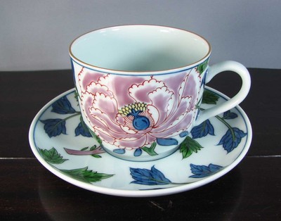 Arita Ware Genemon Kiln Dyed Brocade Purplish Peony Painting Morning Cup Old Ima