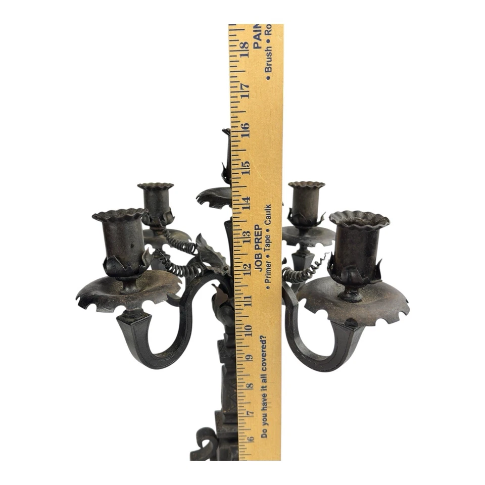 PAIR OF VINTAGE SPANISH REVIVAL WROUGHT IRON CANDLESTICKS 16” HAND FORGED - Image 4 of 4