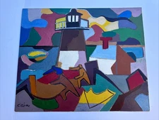 JO CAIN PAINTING LARGE CUBIST CUBISM WPA MODERNIST FAMOUS COAST BEACH LISTED 33"