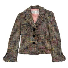 Trina Turk Pastel Rainbow Wool Blend Tweed Blazer Jacket Fringe Trim Size 4