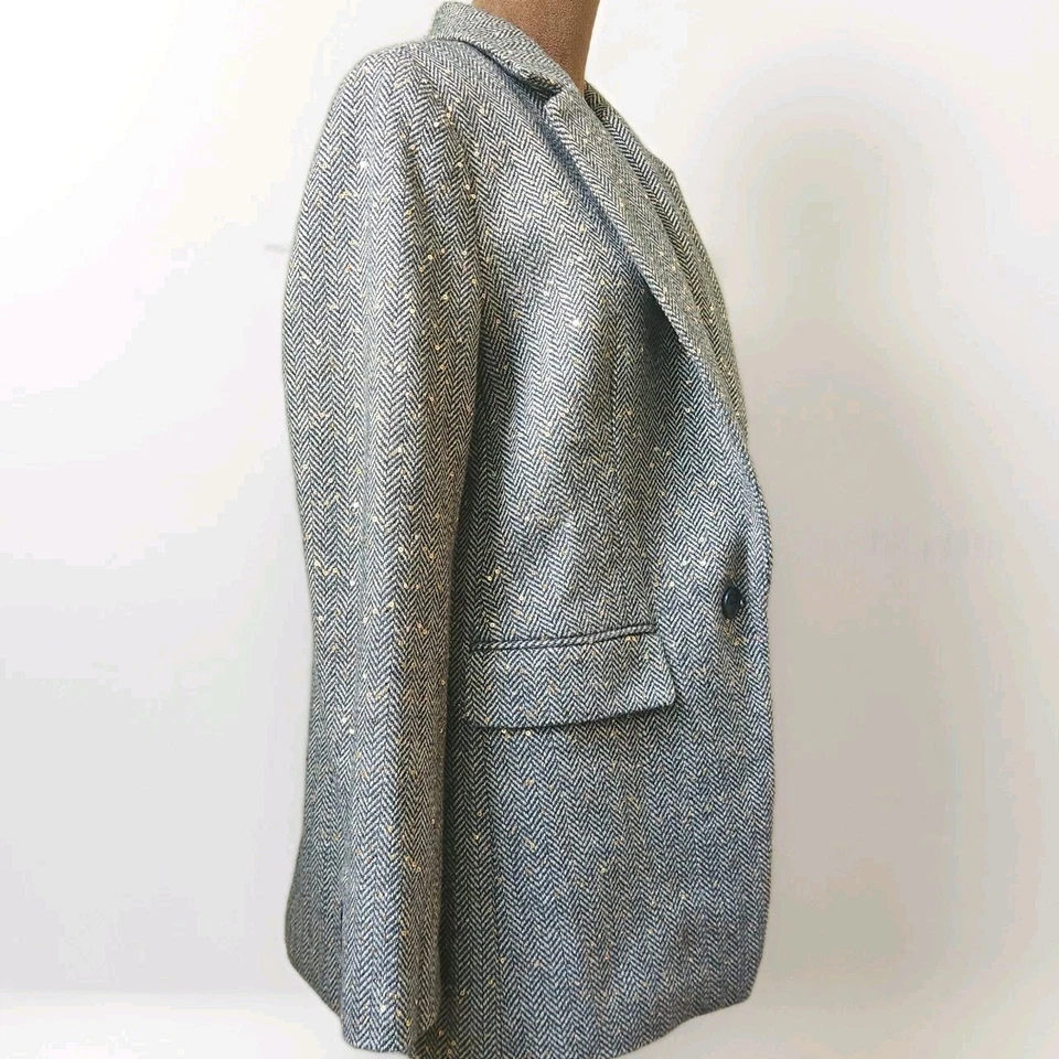 LOFT Blazer Jacket Herringbone Wool Blend Size 8 Beige Gray Sequin Women's - Image 4 of 4