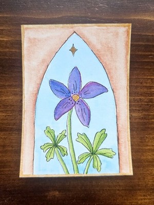 Violet Flower ACEO I Mini Art Watercolor, Floral Magical Purple Plant Herbal