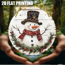 2D Flat, 1pc Round Aluminum Wall Decoration - Snowman with Top Hat & Plaid Scarf