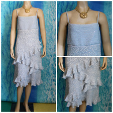 ST. JOHN Evening Knits Blue Cream Dress M 8 6 Sleeveless Sequined Silver Shimmer