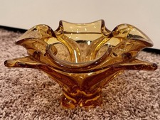 Vntg 1960s MCM Viking Four Point Ruffled Amber Art Glass Bowl Candy Dish Ashtray