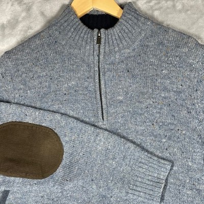 LLBean Shetland Wool 1/4 Zip Sweater Mens M Regular Elbow Patches Blue Speckled
