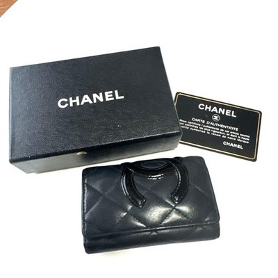 CHANEL Cambon Line Coco Mark 6-Key Case Black Leather CC Logo w/Box Used