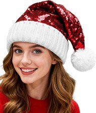 Red Santa Hat Sequin Sparkly Santa Hat Adult Knitted Xmas Beanie Cap for