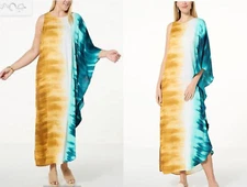 NEW IMAN PLUS SZ 2X  One-Shoulder Flutter Sleeve Maxi Dress GOLD/POOL BLUE SKY