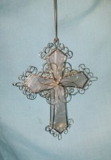 Vintage 3D Golden Wire  Faux Shell Cross Christmas Ornament Christian Symbol
