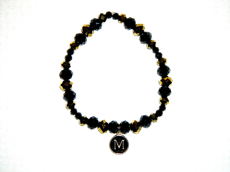 INITIAL "M" CHARM (BLACK) BEADED BRACELET (7 3/4"):  HAND-MADE JEWELRY BY T.L.C.
