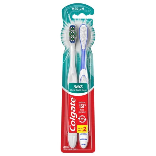 Brosse à dents manuelle Colgate 360 avec nettoyant pour la langue et les joues, moyenne, 2 Ct--V4 - Photo 1/1