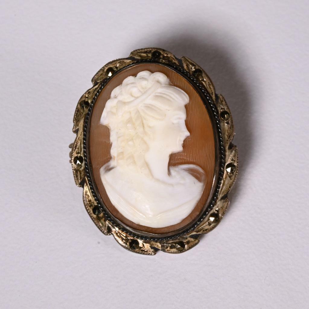 VINTAGE SHELL PORTRAIT CAMEO BROOCH/PENDANT W/ 800 SILVER 
