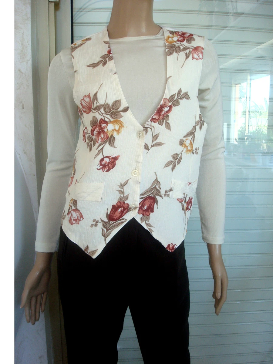 GILET DE BARMAN BLANC IMPRIME BEIGE ET MARRON DOS SATIN BLANC NEUF