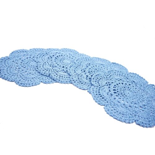 8 Inch Doilies Crochet Round Lace Blue Handmade Cotton Coasters, Pack Of 4 - Picture 2 of 7