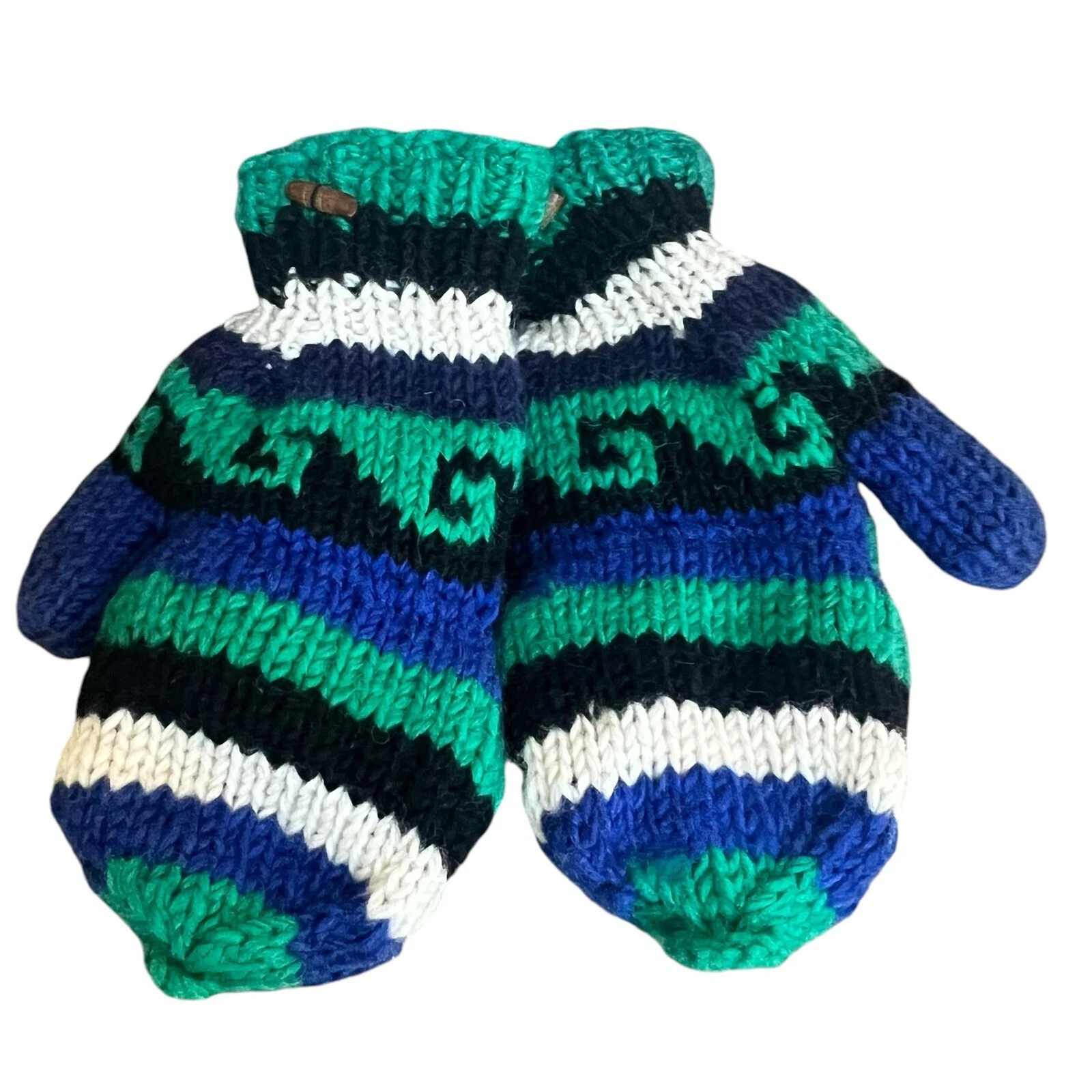 Hand Knit Convertible Flip Top Wool Mittens Fleece Lined Nepal Green Blue