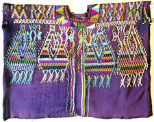 Vintage Maya Guatemalan Huipil Woven Hand Embroidered Textile Birds Purple