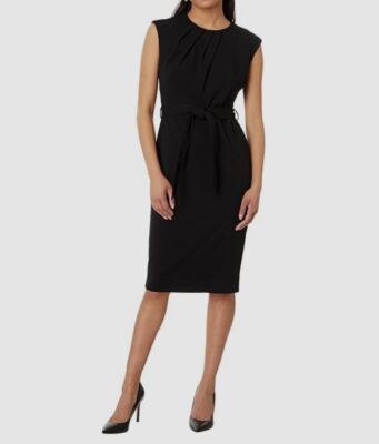 Calvin Klein Women's Black Pleated Jewel Neck Cap Sleeve Self-Tie Dress  Size 10