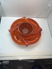 Vintage California Pottery Red Orange Pottery Chip and Dip Serving Set