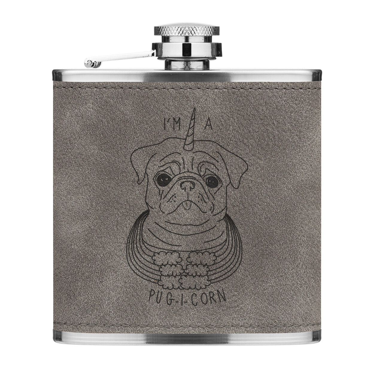 I'm A Pugicorn Rainbow 6oz PU Leather Hip Flask Grey Pug Unicorn Dog Puppy