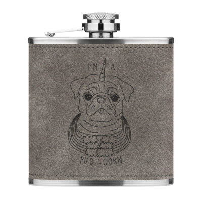 Ich Bin Ein Pugicorn Rainbow 6oz PU Leder Hip Flask Grau Mops Einhorn Hund Welpe