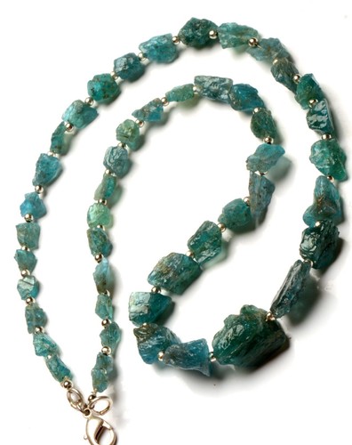 Natural Blue Apatite Gemstone 5 to 14mm Size Raw Nugget Shape Beads 18" Necklace - Picture 4 of 8