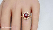 2.90 Ct Genuine Natural Ruby  Diamond Ring In Solid 14K Yellow Gold, Halo