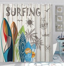 Rustic Beach Shower Curtain Tropical Surfboard Palm Tree Fabric Hooks 70x70 In