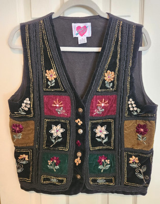Keren Hart Velvet Corduroy Vest  Women s Medium Floral Embroidered Patchwork