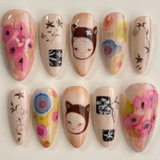 Cute Nails Almond Shape Press on Nails Medium Fake Nails Colorful Style 12
