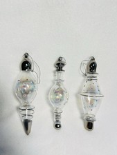 3 Iridescent  Silver Blown Glass Finial Teardrop Christmas Ornaments 6" tall