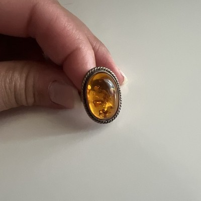 ...Vintage Sterling Silver, Amber Cabochon Ring, Size 6...