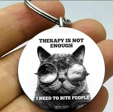 Kitty Cat  Sunglasses Therapy Not Enough Bite People Pet Animal  Keychain