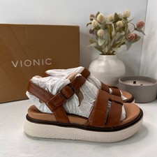 Vionic Solana Leather Strappy Platform Sandal Tan Buckle J4525L1200 Women 6W NWB