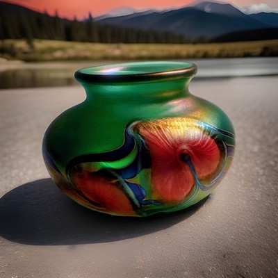 Signed Lotton Studios Art Glass Green Vase With Pink Heart Shaped Leaves