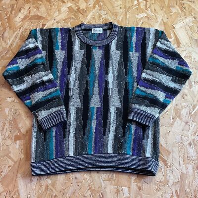 Vintage Coogi Style Protege Grandad Pullover Abstraktes Muster Pulli Lila L