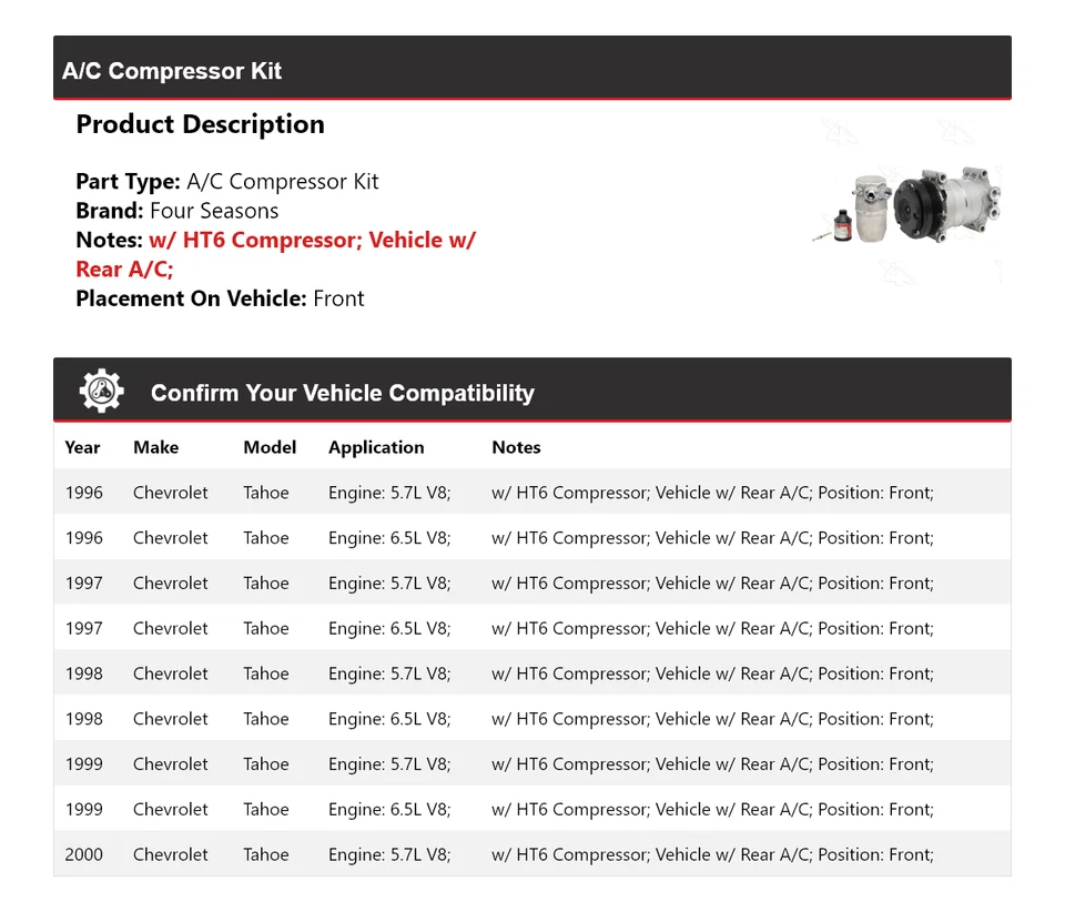 For 1996-2000 Chevrolet Tahoe A/C Compressor Kit Front 4 Seasons 1997 1998 1999 - Image 2 of 4