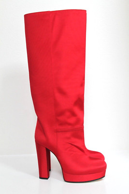 sz 5.5 / 36 GUCCI Red Ribbed Fabric Pull on Platform Knee High Boot Shoes