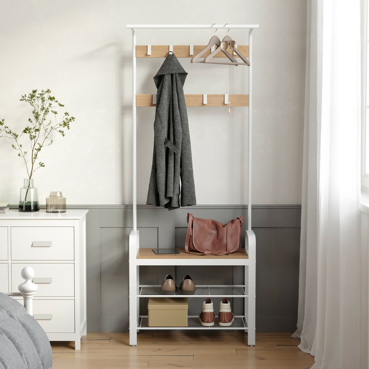 Hat and Coat Stand Hall Tree Hallway Shoe Rack Bench with Shelves Hooks  HSR40W