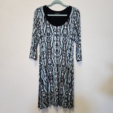 Karen Kane Dress L Midi Animal Print Blue Black 3/4 Sleeves Boho Artsy Festival