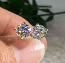 3Ct Round Cut FL/D Solitaire Stud Earrings 14K White Gold Finish 6MM Push Back