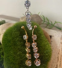 1pc Four Vertical Drop CZ Set Hearts Belly Ring Navel Naval