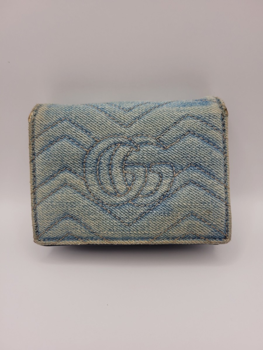GUCCI Blue Quilted Denim Pearl GG Marmont Small Flap Wallet Card