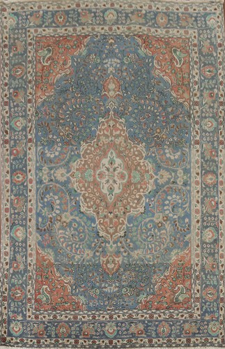 Vintage Handmade Blue Floral Tebriz Area Rug 7x10 Traditional Living Room Carpet