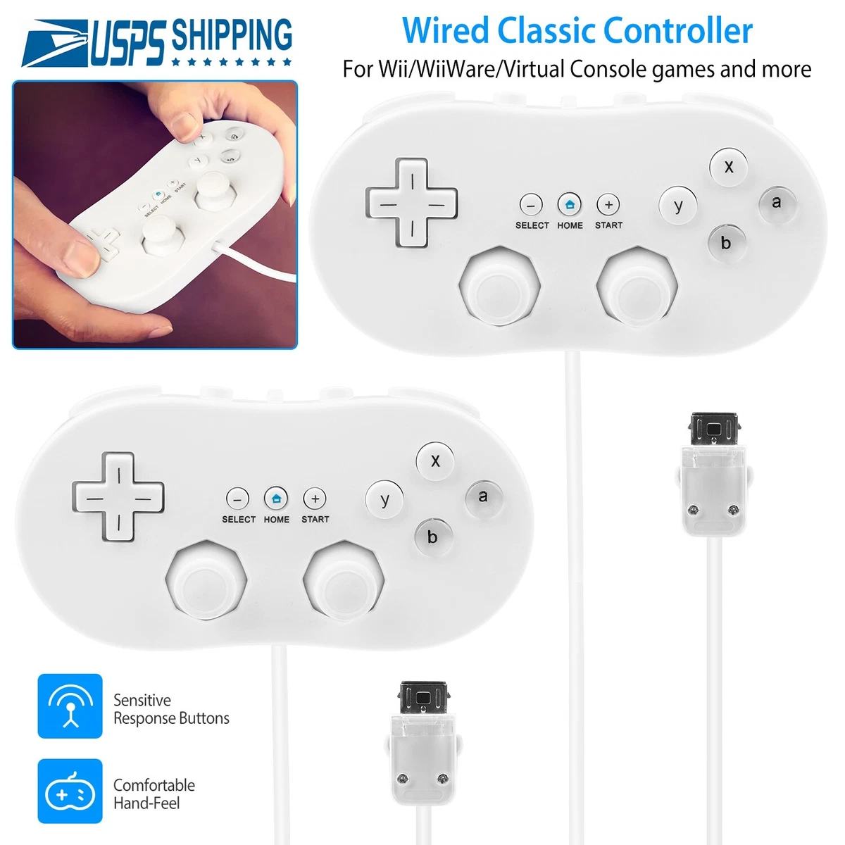2 Pack Wired Classic Controller Game Pad For Nintendo Wii Remote