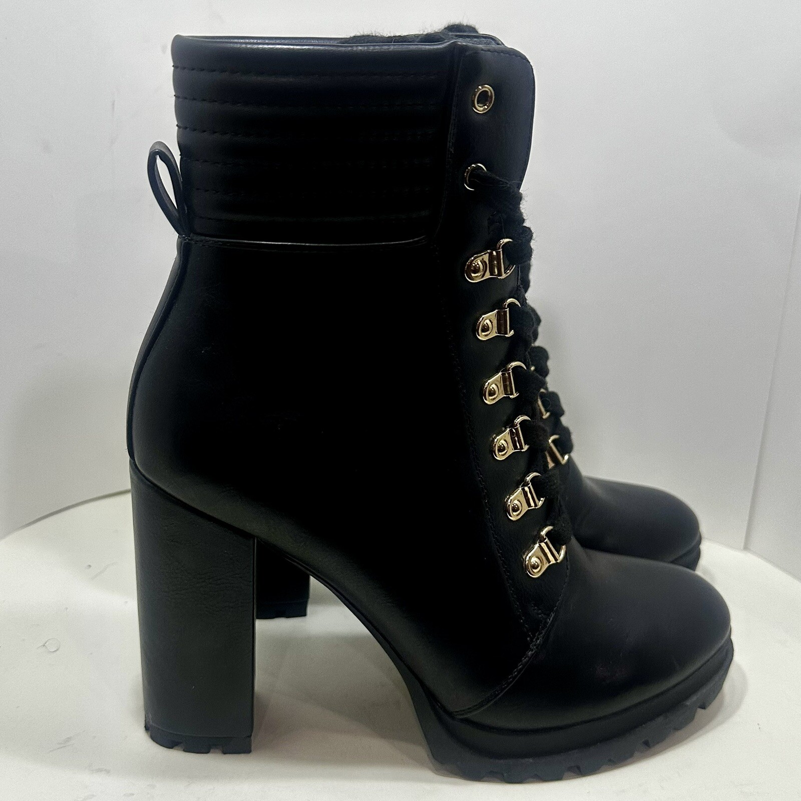 Justfab Shandee Women's Black Lace up Booties Y2K High Chunky Heel Boots 8.5