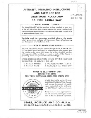 1967 Craftsman 113.29410 Accra-Arm 10 